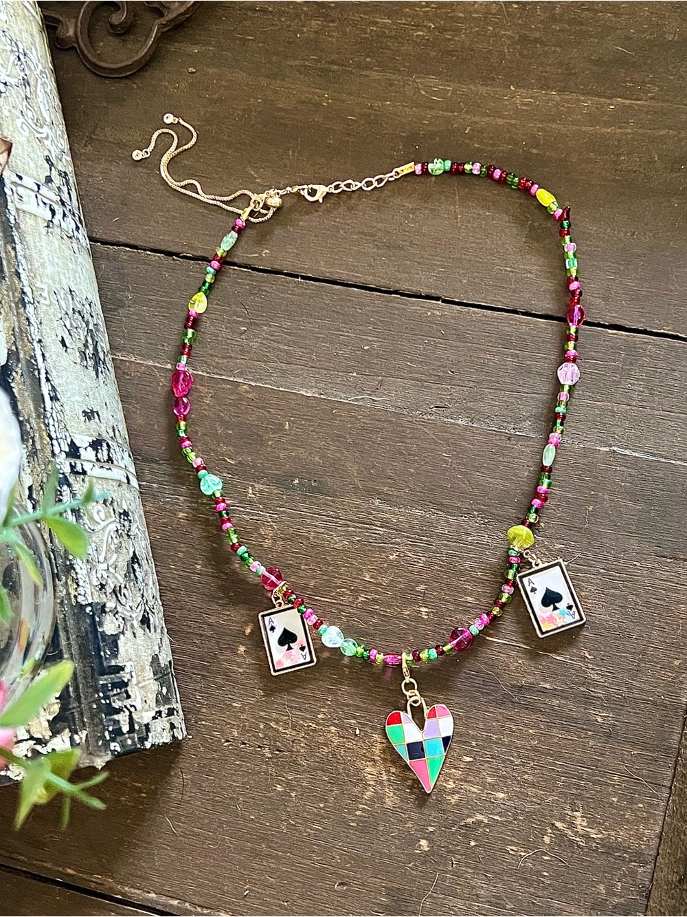 Hand Crafted Multicolor Beaded Necklace with Heart & Card Charms